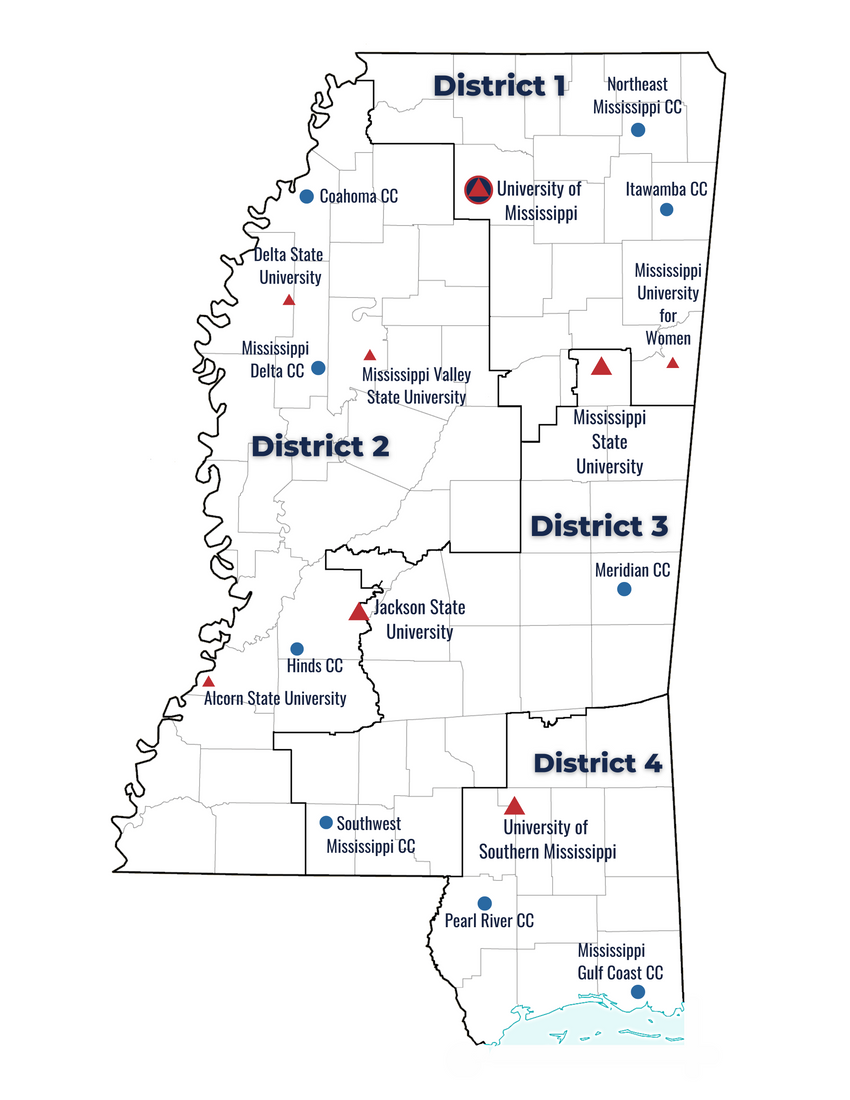 Map of Mississippi with MSSGC Affiliates marked within congressional districts